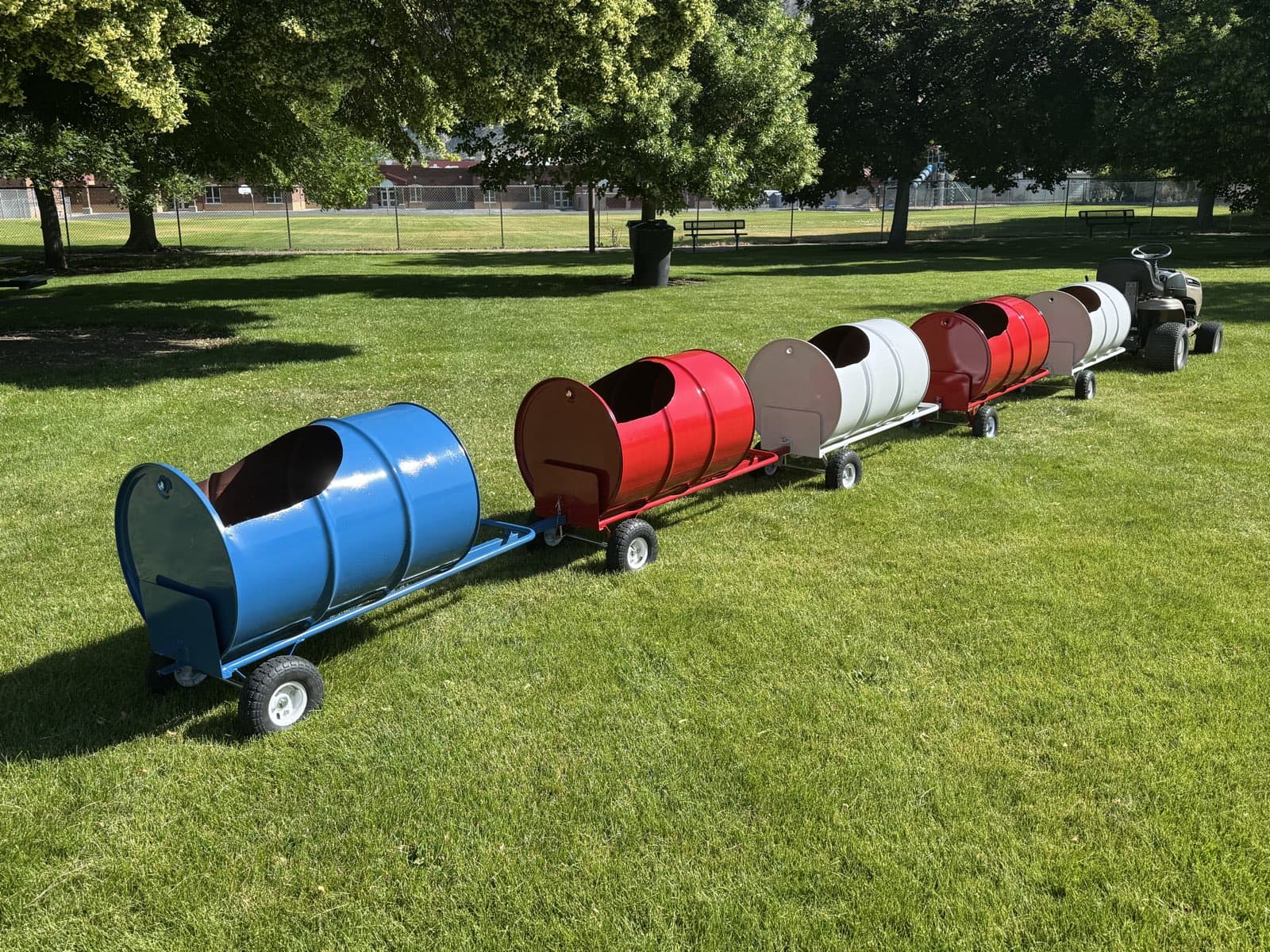 The Backyard Barrel Express, a ride-on barrel train