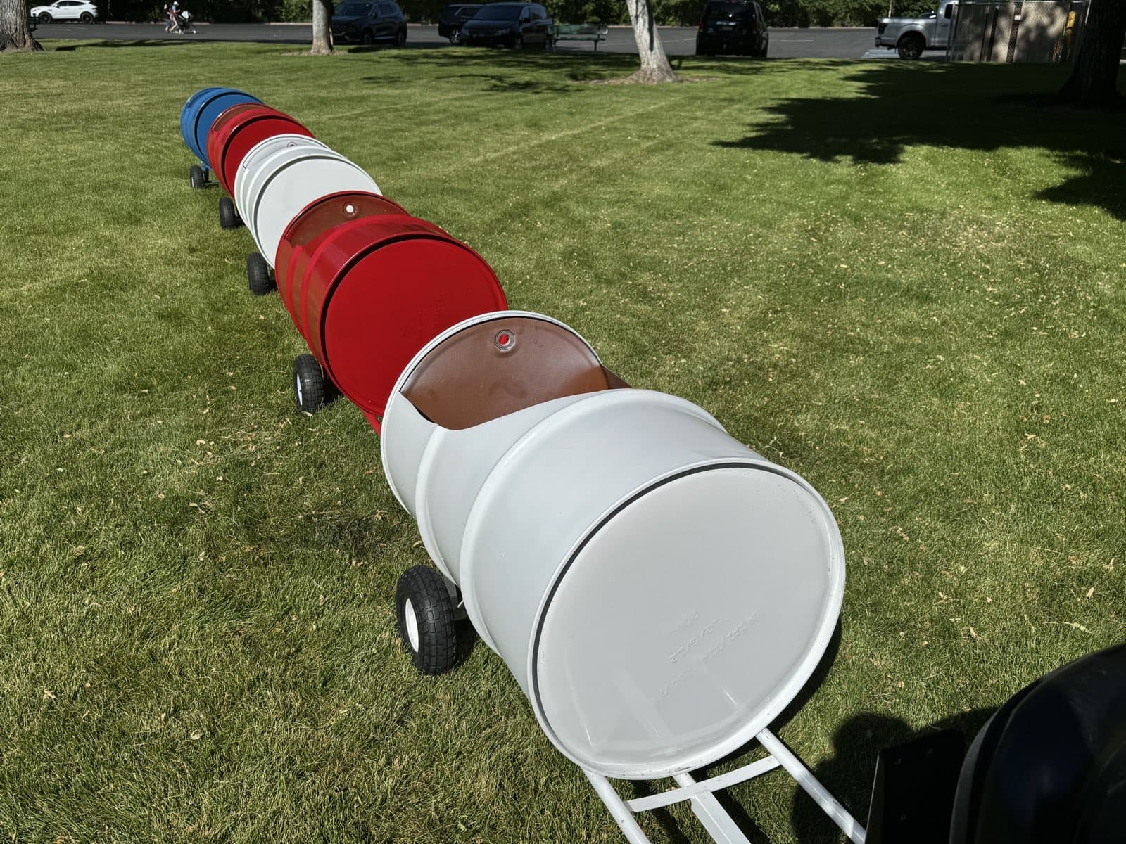 The Backyard Barrel Express, a ride-on barrel train