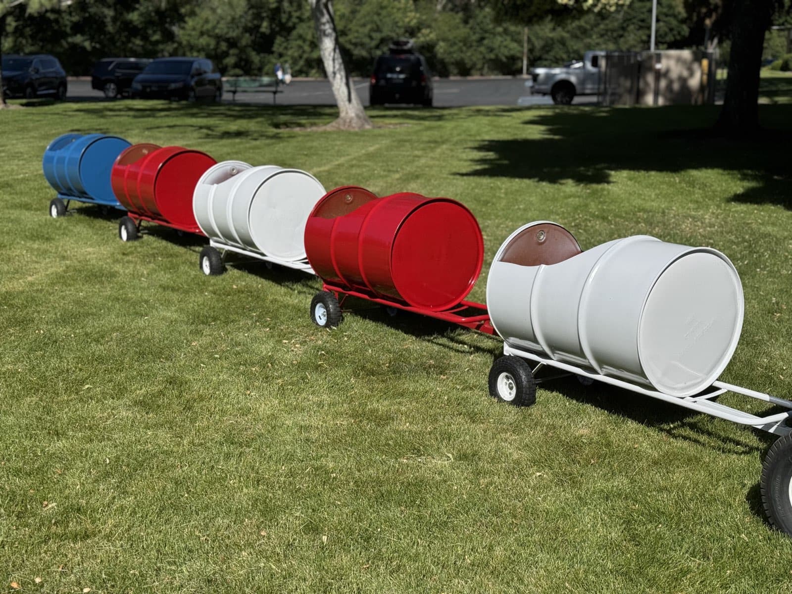 The Backyard Barrel Express, a ride-on barrel train